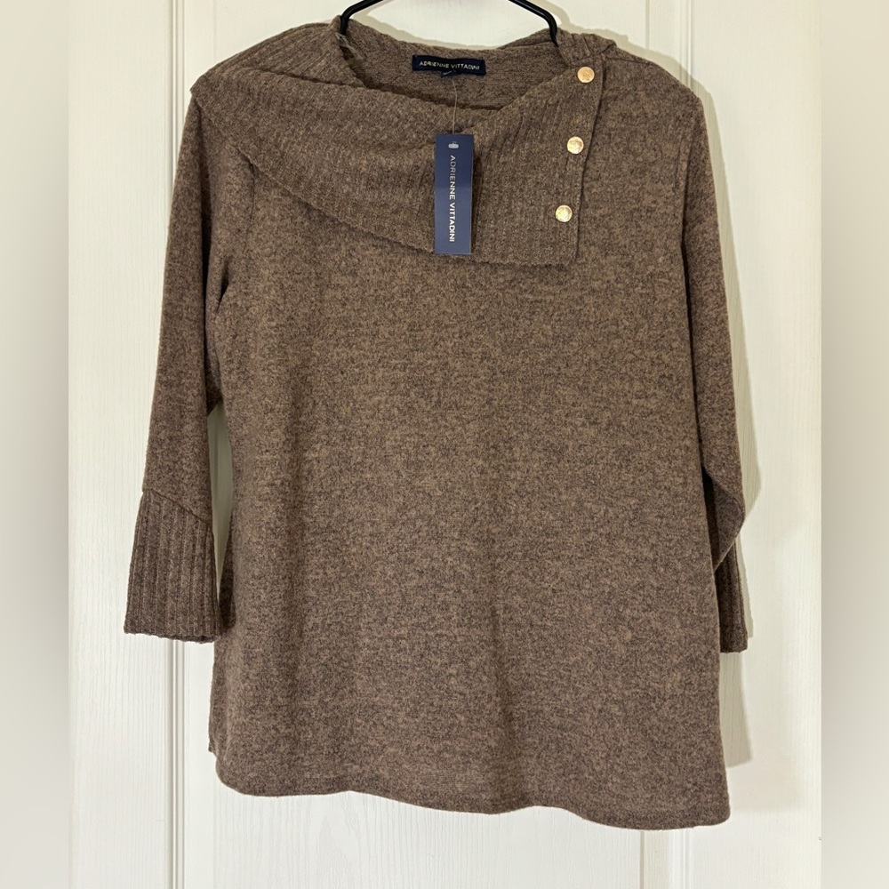 Adrienne Vittadini NWT Asymmetrical Button Neck Sweater Brown Ribbed Medium